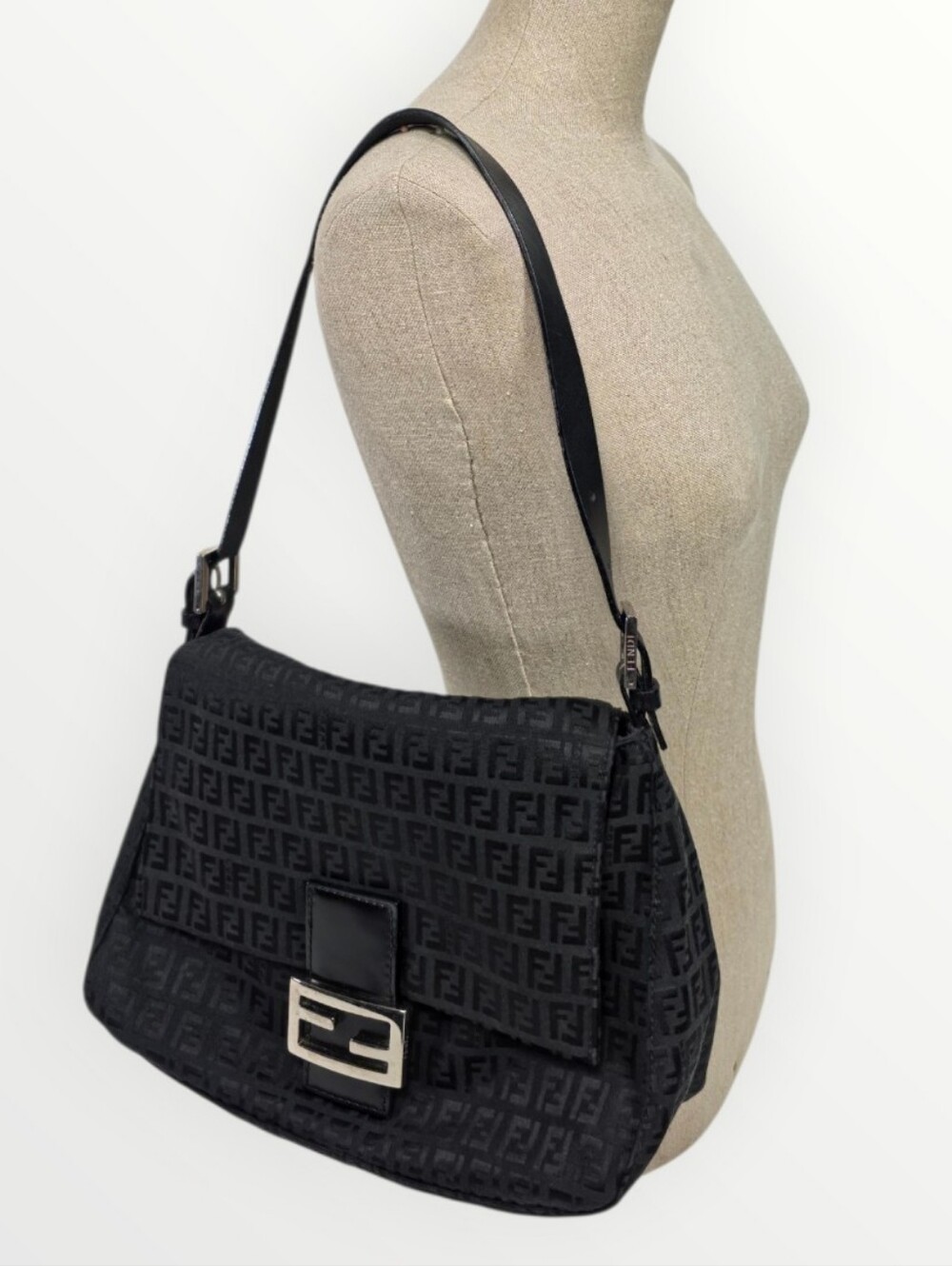 FENDI Vintage Zucchino Mama Baguette Black FF Canvas Shoulder Bag Silver